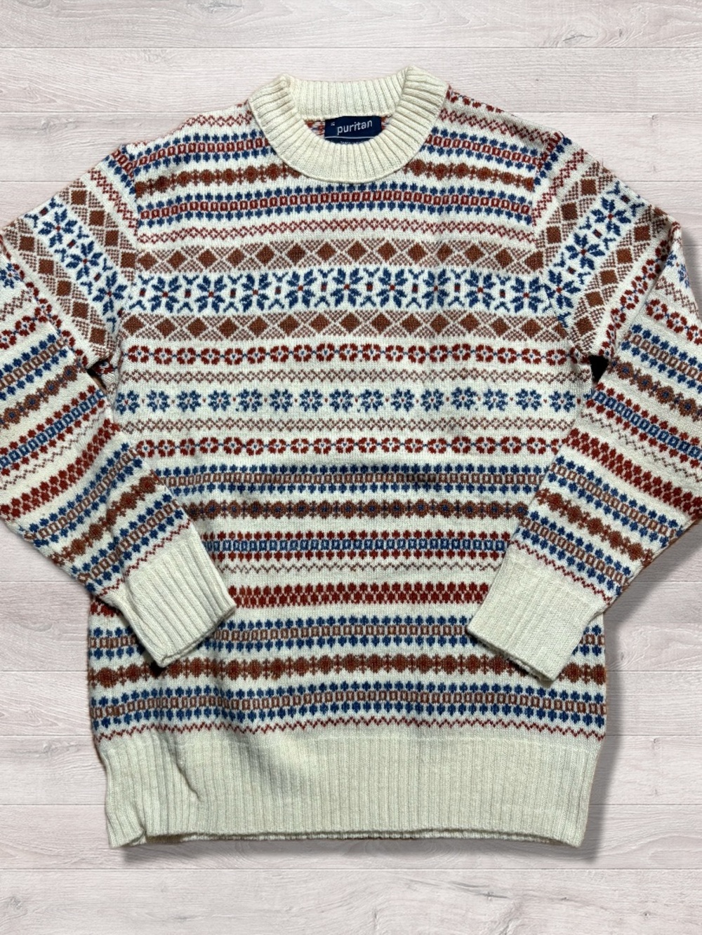 Vintage Puritan Wool Blend Fair Isle Knit Crewneck Sweater Winter Fall Small